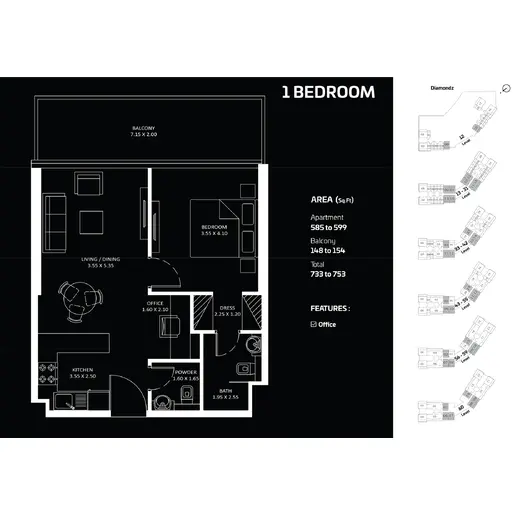 Diamondz - Floor plans: 1 Bedroom