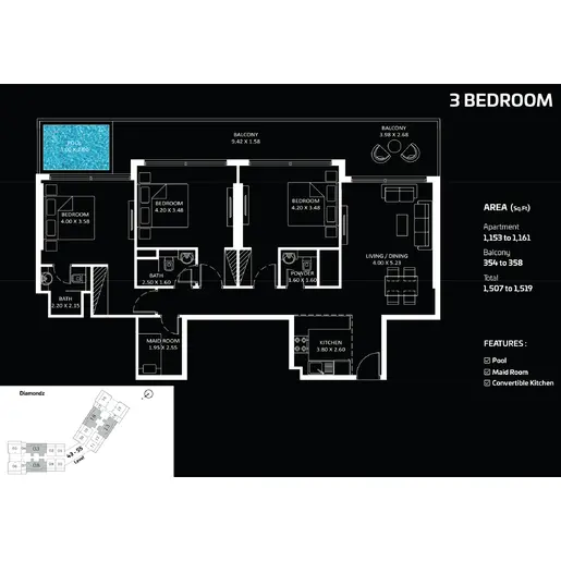Diamondz - Floor plans: 3 Bedrooms